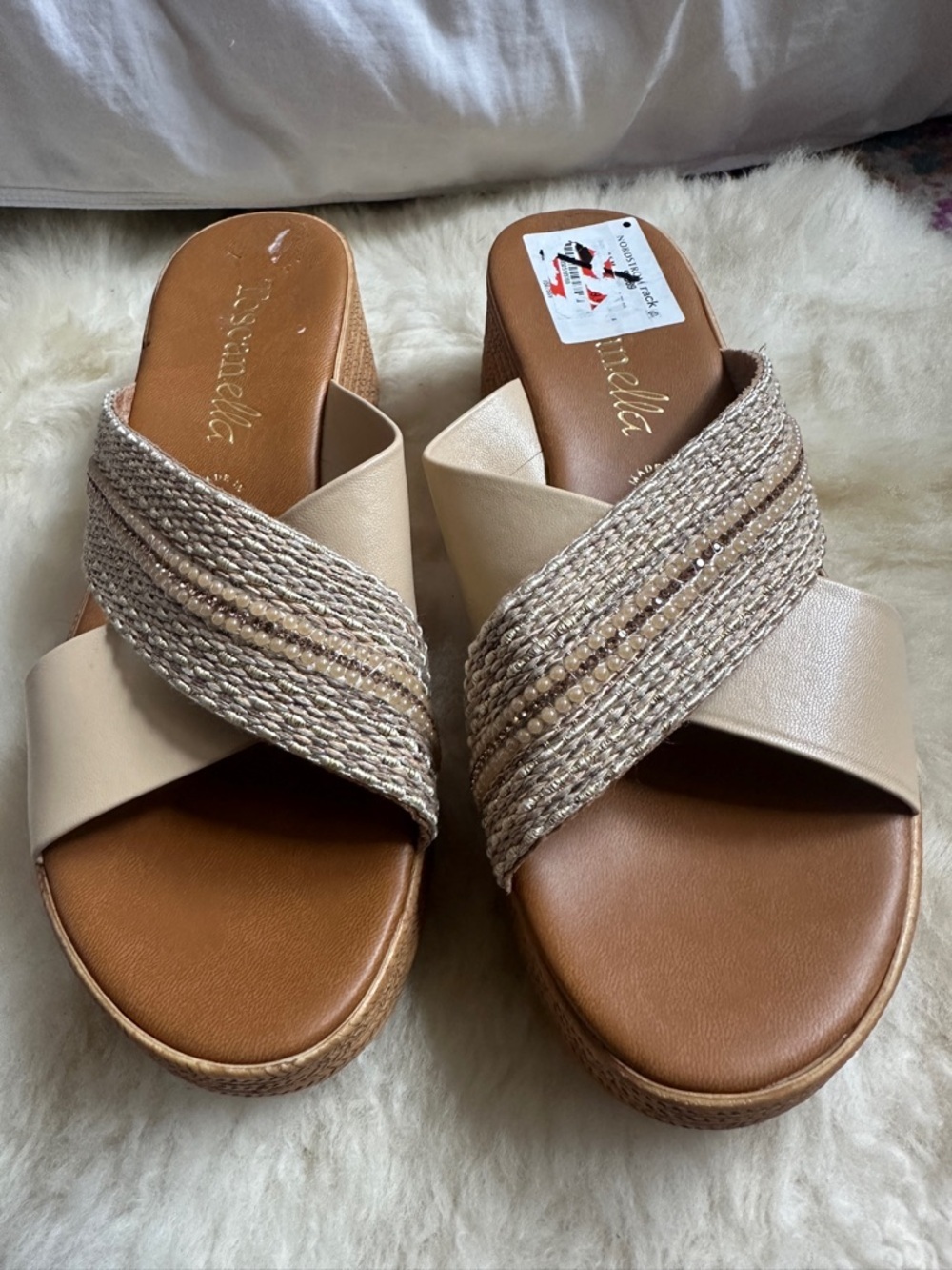Toscanella Neutral Braided Crisscross Beige Cream Boho Slip On Sandals - Picture 2 of 9